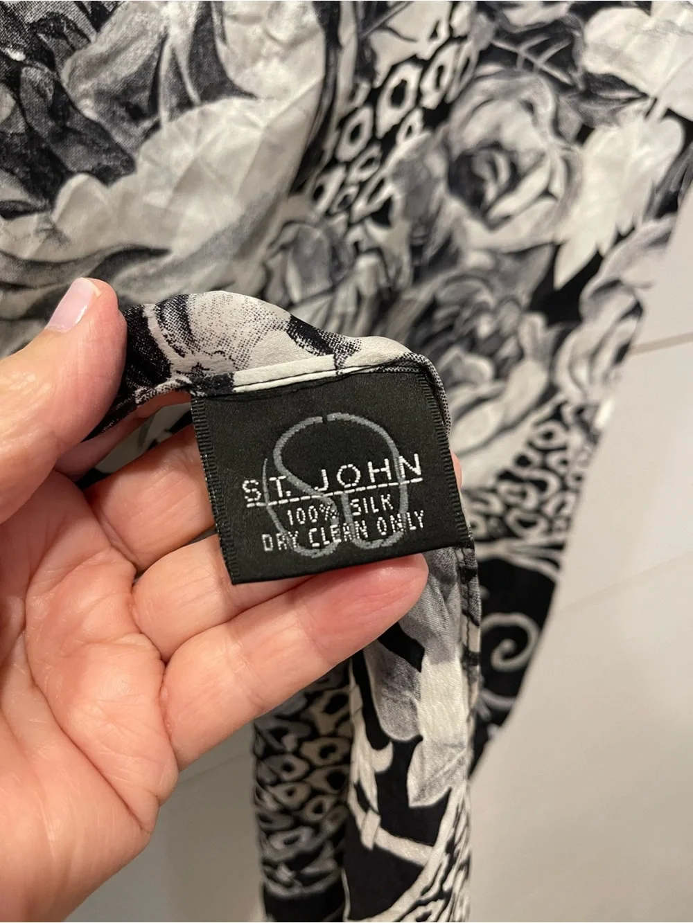 St. John Black & White Floral Silk Oblong Scarf Wrap